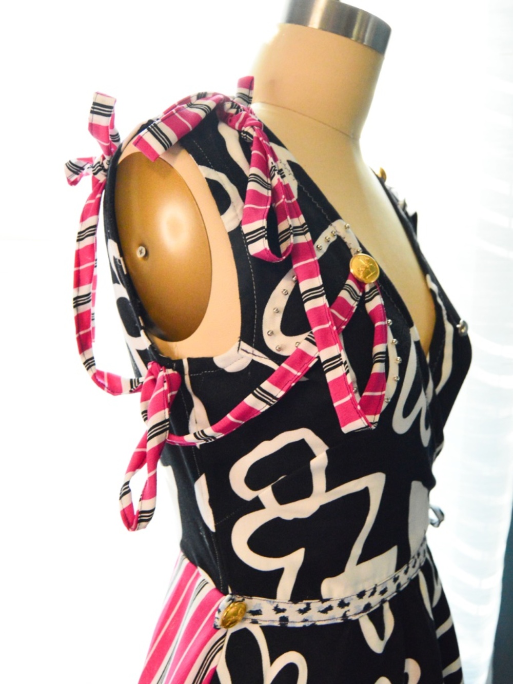One of One Handmade, Black & Pink Heart & Stripe Patchwork Asymmetric Dress, S